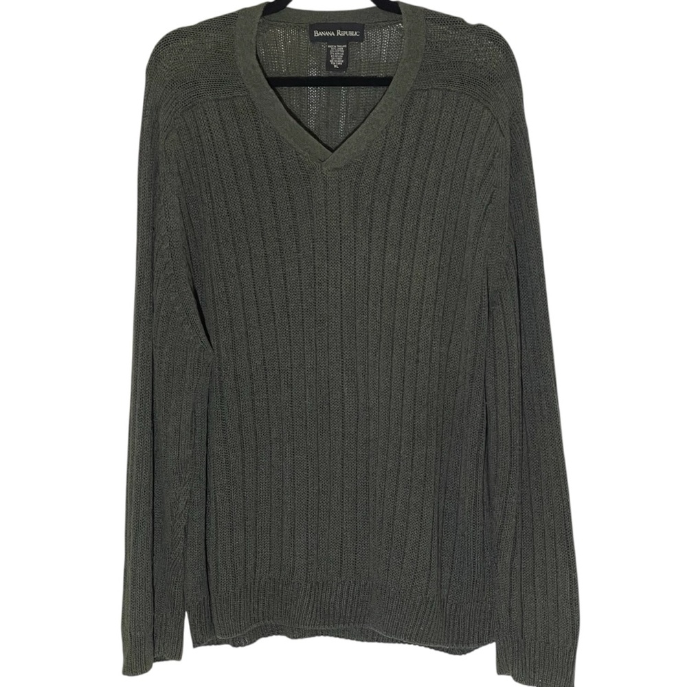 Banana Republic Dark Olive Green Linen Blend Rib Knit V Neck Sweater XL Men